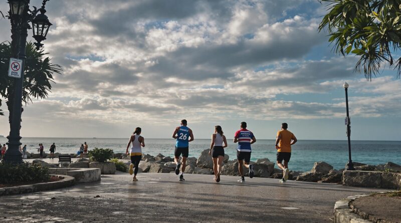 grupo de pessoas correndo na beira da praia, descontraídos participando de um desafio virtual de corrida.